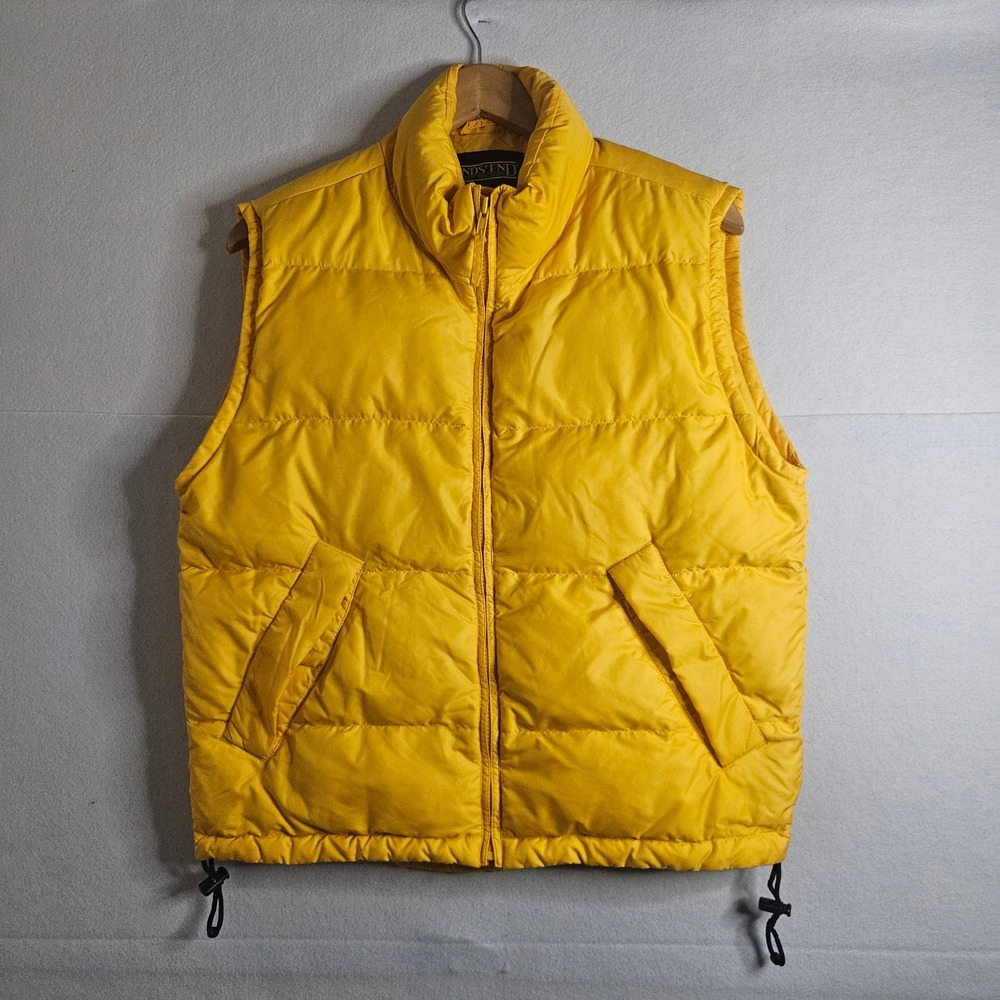 Vtg Lands End Mens Puffer Vest‎ Yellow Goose Down Insulated Full Zip Small 34-36